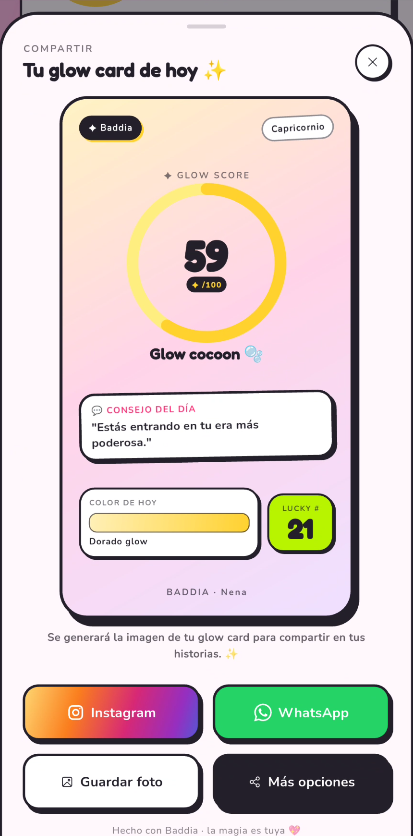 Baddia glow card share screen