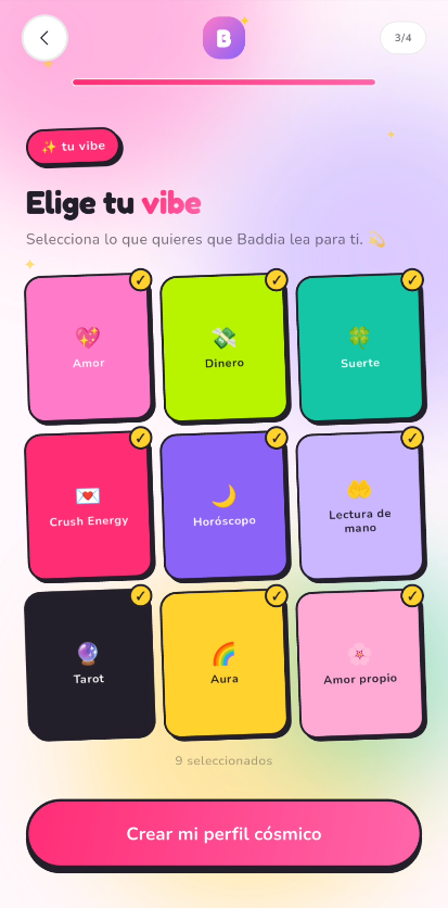 Baddia selected interests screen